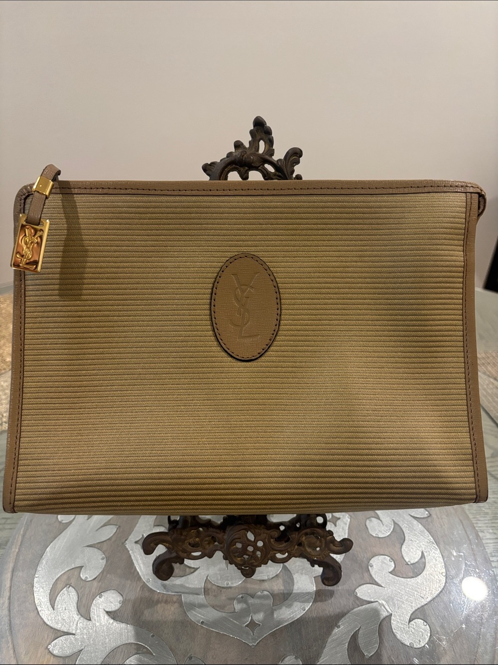 Yves Saint Laurent gold/Tan Canvas clutch or Toiletry Pouch with Gold Hardware